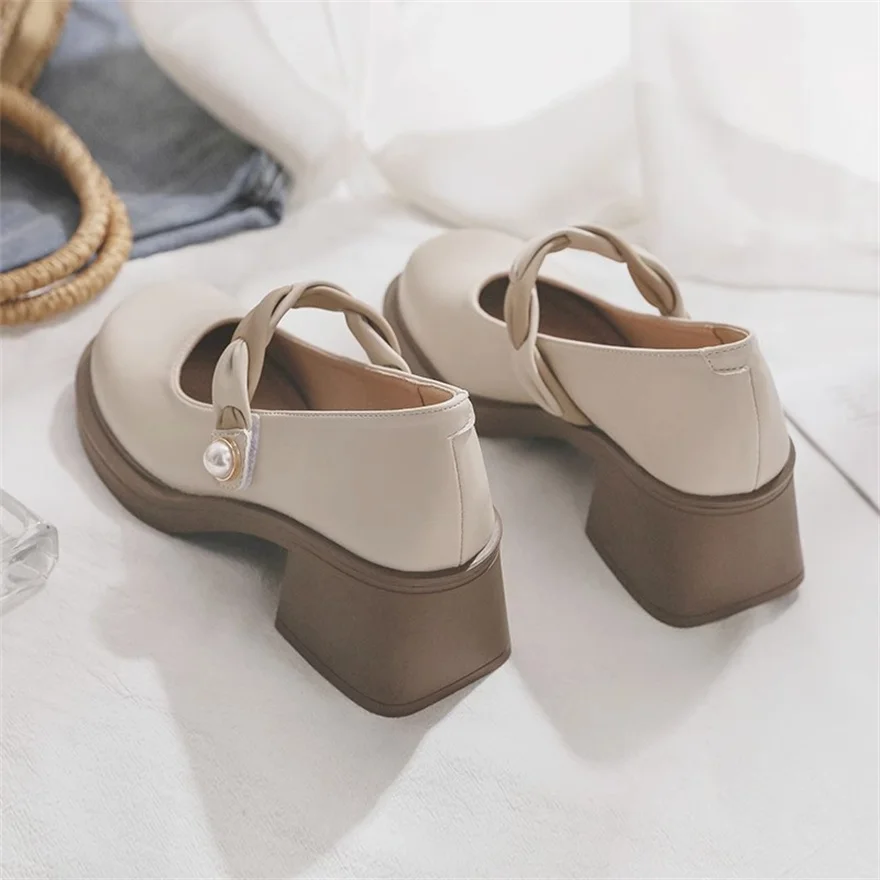 Beige Soft Leather Shoes Women Heels Mary Janes Platform Lolita Shoes Japanese Style Vintage Girls High Heel Pumps Woman Shallow