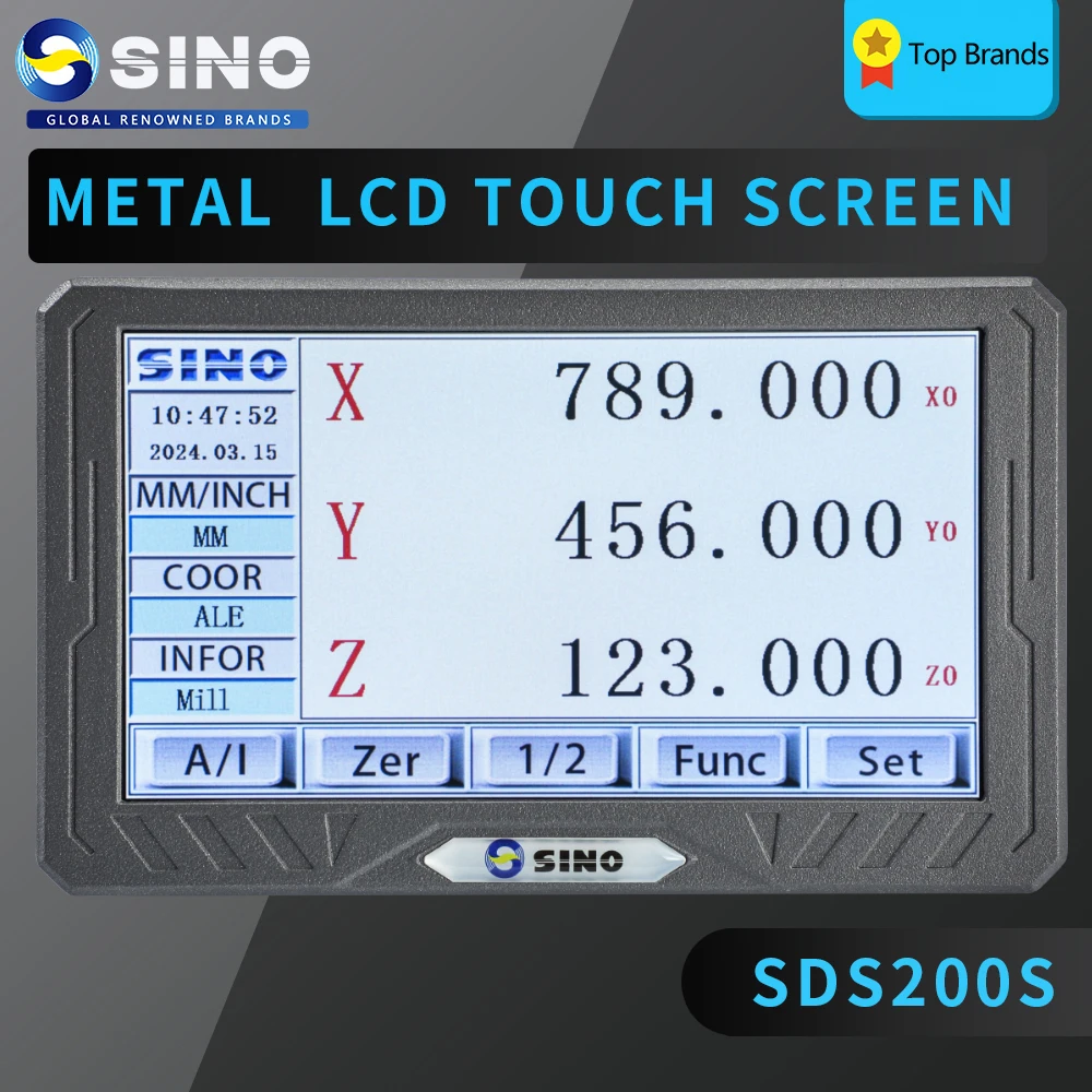 SINO SDS200S 3 Axis LCD Full Touch Screen Digital Readout Kit with 2pcs Linear Scale Grating Glass Ruler for Milling Lathe Tool