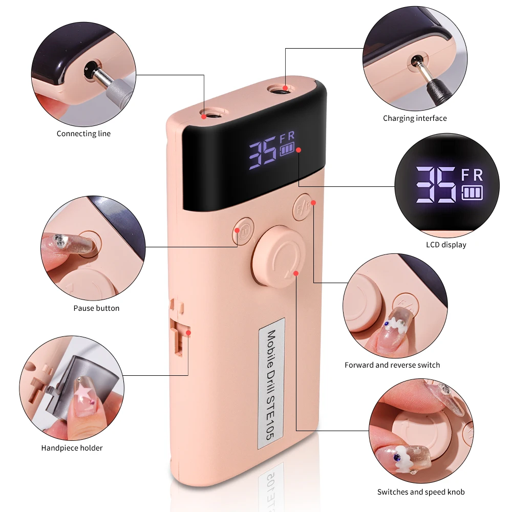 35000RPM Professional Electric Nail Drill Rechargeable Electric Portable Nail Sander File Low Noise for Manicure Salon Tools