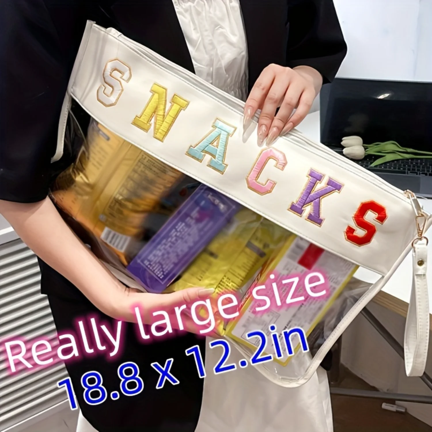 Embroidered PVC Travel Pouch - Zippered Makeup & Snack Bag, Easy-to-Clean