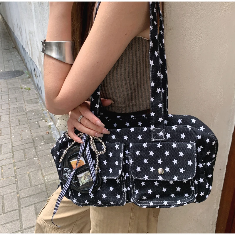 Mehrfach-Taschen-Schultertasche mit Polka Dots, Damen-Canvas-Tragetasche, Koreanische Lässige Süße Niedliche Pendler-Einkaufs-Reisetasche – Detail 30