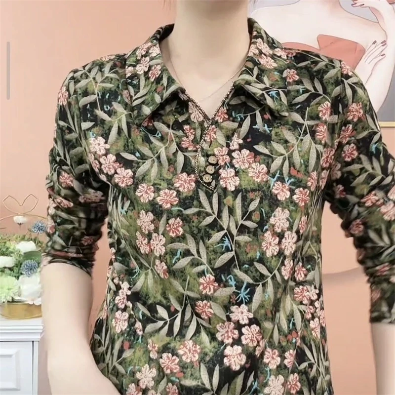 Women's Vintage Floral Printed Polo Collar Basic T-shirts Spring Autumn Fashion Long Sleeve Loose Pullover Tops Female Clothing