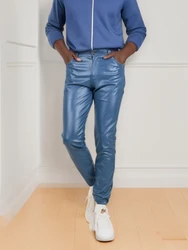 Spring and summer light and thin men's peacock blue leather pants, Engliand style daily men's pants