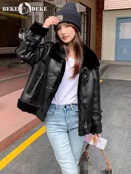 Winter Women Motorcycle Short Coat Thicken Warm Wool Lining Genuine Leather Jacket Fashion Real Fur High Street Shearling Coats