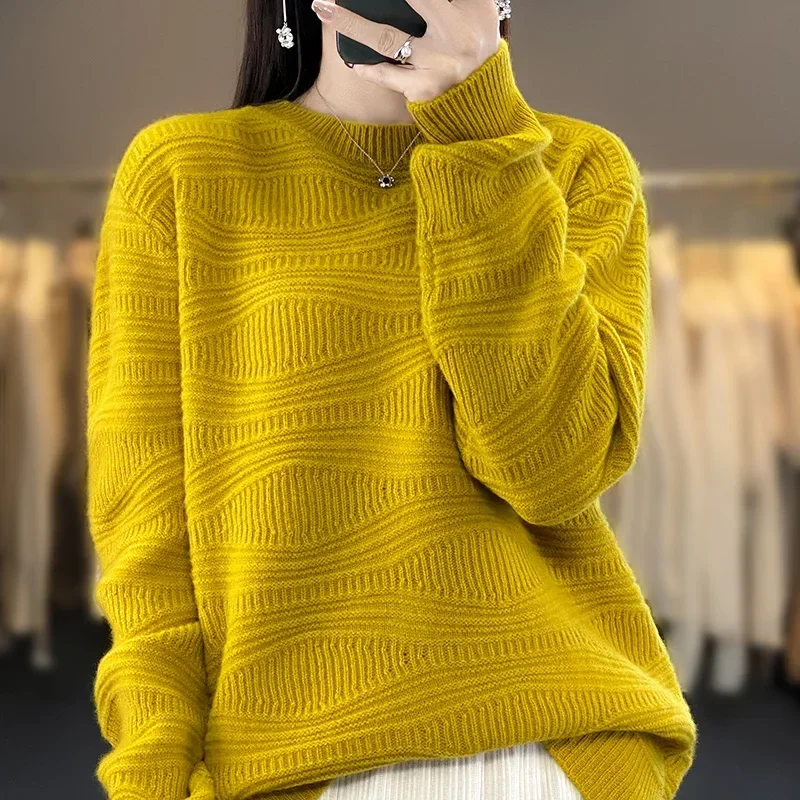 

100% Pure Wool Sweater Women's Knitted Loose O-Neck Long Sleeve Pullover New Product Autumn and Winter Women's Wool Sweater Soli