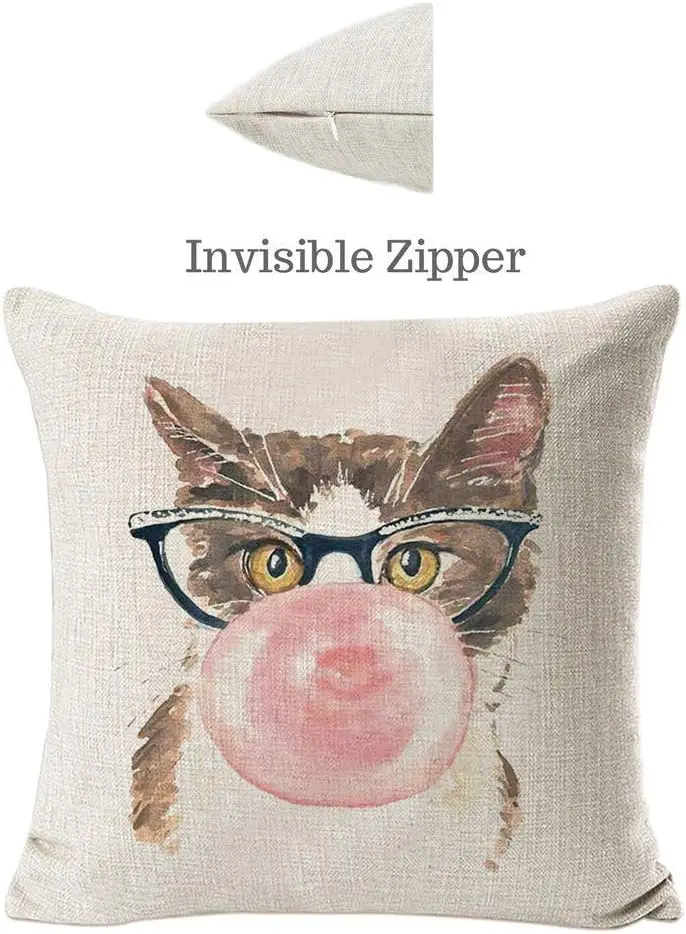 Cute Cat Face Print Throw Pillow Covers Set 4 Pack Funny Kitten Cartoon Art Cushions for Living Room Home Decor Aesthetic Pet Lo