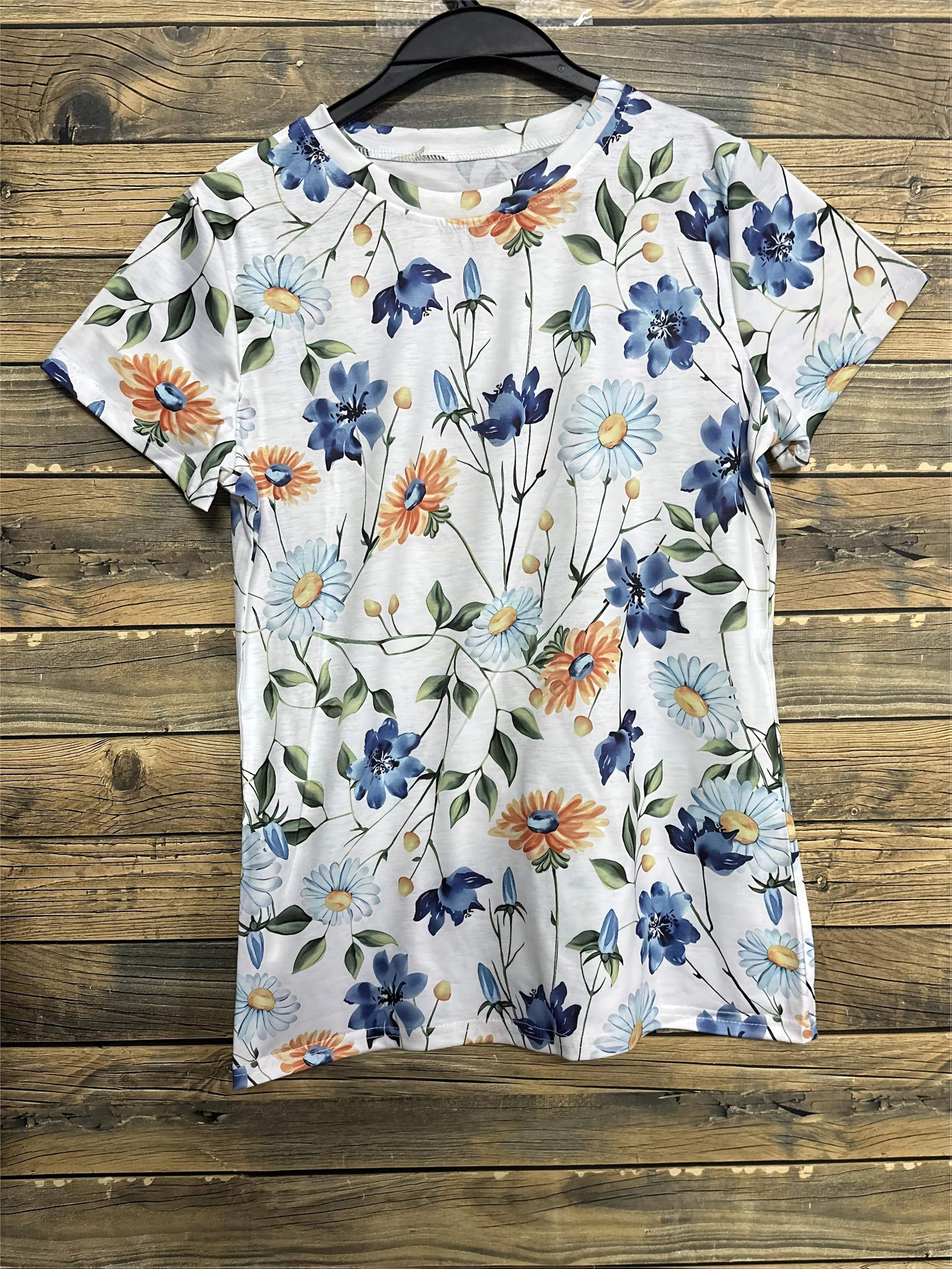 Women's Tee - Blue & Yellow Floral Pattern Graphic, Fresh Watercolor Meadow Design for Casual Daily Wear