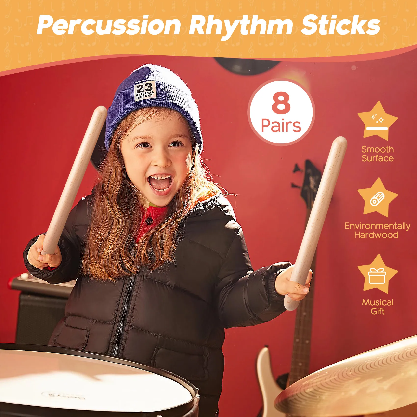 8 paia di clave in legno classico strumento musicale a percussione bastoncini ritmici in legno duro naturale bastoncini ritmici per percussioni bambini Mus