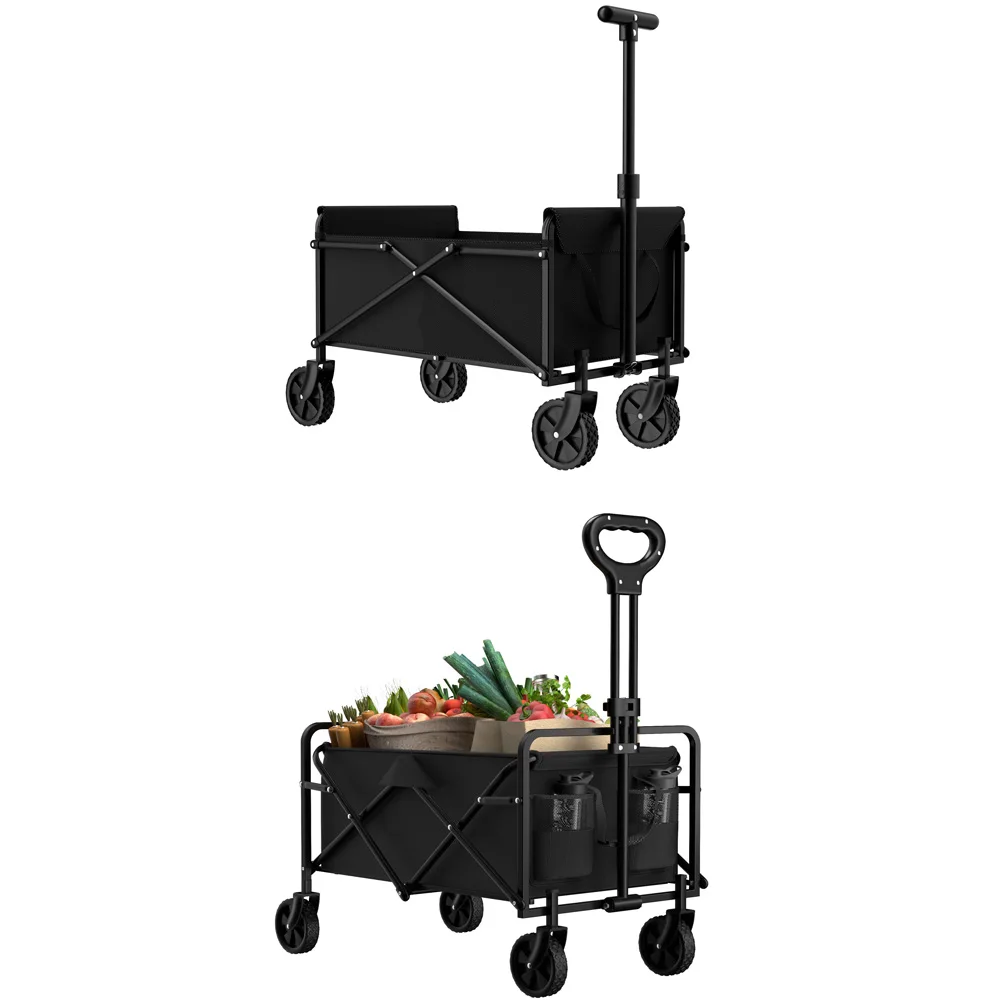 The garden handcart with four foldable wheels can be used for cargo transportation and can be carried with one hand