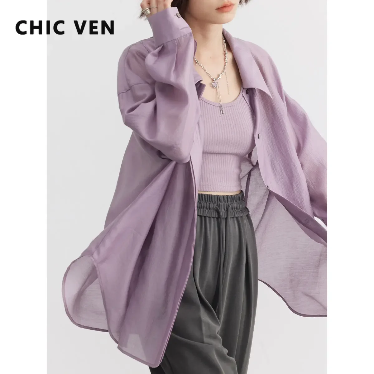 

CHIC VEN Women Thin Shirt Long Sleeve Casual Loose Slightly Transparent Cool Blouses Woman Solid Design Female Top Summer 2024