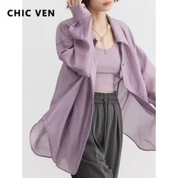 CHIC VEN Women Thin Shirt Long Sleeve Casual Loose Slightly Transparent Cool Blouses Woman Solid Design Female Top Summer 2024