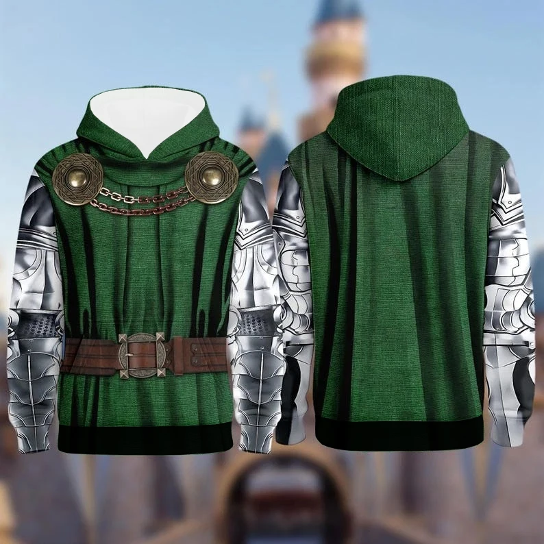 Men Women Doctor Doom Print Vintage Knight Armor Pullover Hoodie Green Long Sleeve Cosplay Daily Wear Hooded Sweatshirt Kids