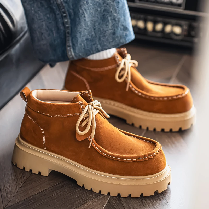 

Новинка 2025 года, удобная повседневная спортивная обувь на толстой подошве в британском стиле с высоким берцем, зимняя мужская обувь в стиле ретро, короткие ботинки