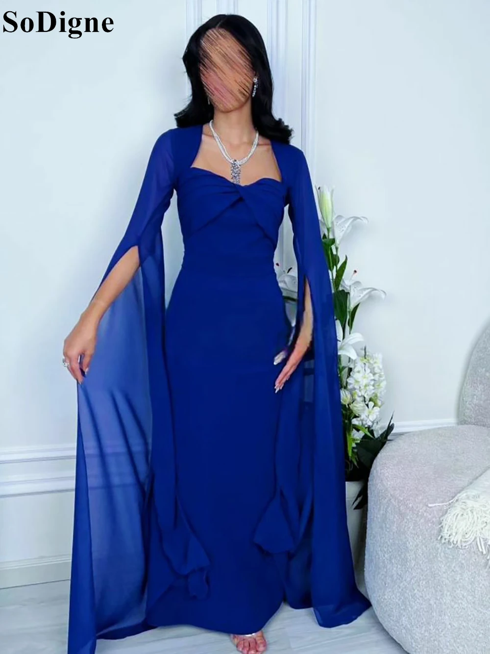 SoDigne Royal Blue Evening Dresses with Cape Sleeves Strapless Mermaid Elegant Party Dress 2024 Formal Occasion Prom Gowns