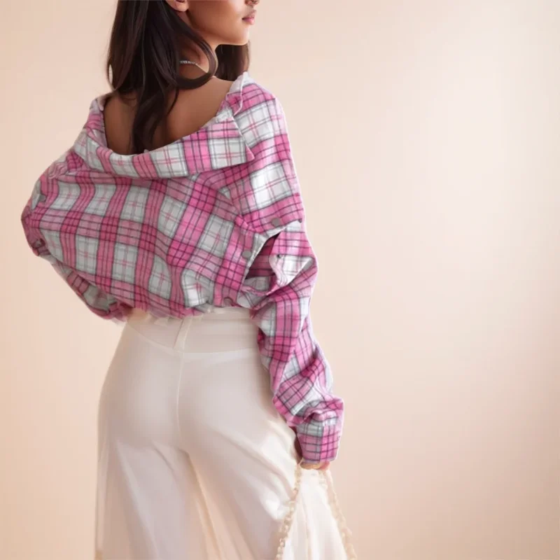 قميص نسائي كبير الحجم ذو مربعات وردية، طراز جديد متعدد الاستخدامات مع ياقة بأكمام طويلة قابلة للفصل وطبقة خارجية #4