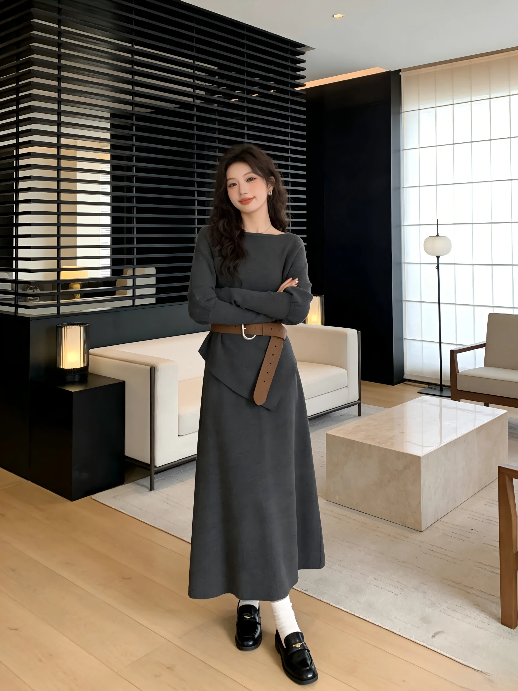 

Deep ey Knitted Dr Slimming High Waist mat Pure Color Korean Sle Long Dr Warm Cozy Autumn Winter Faion