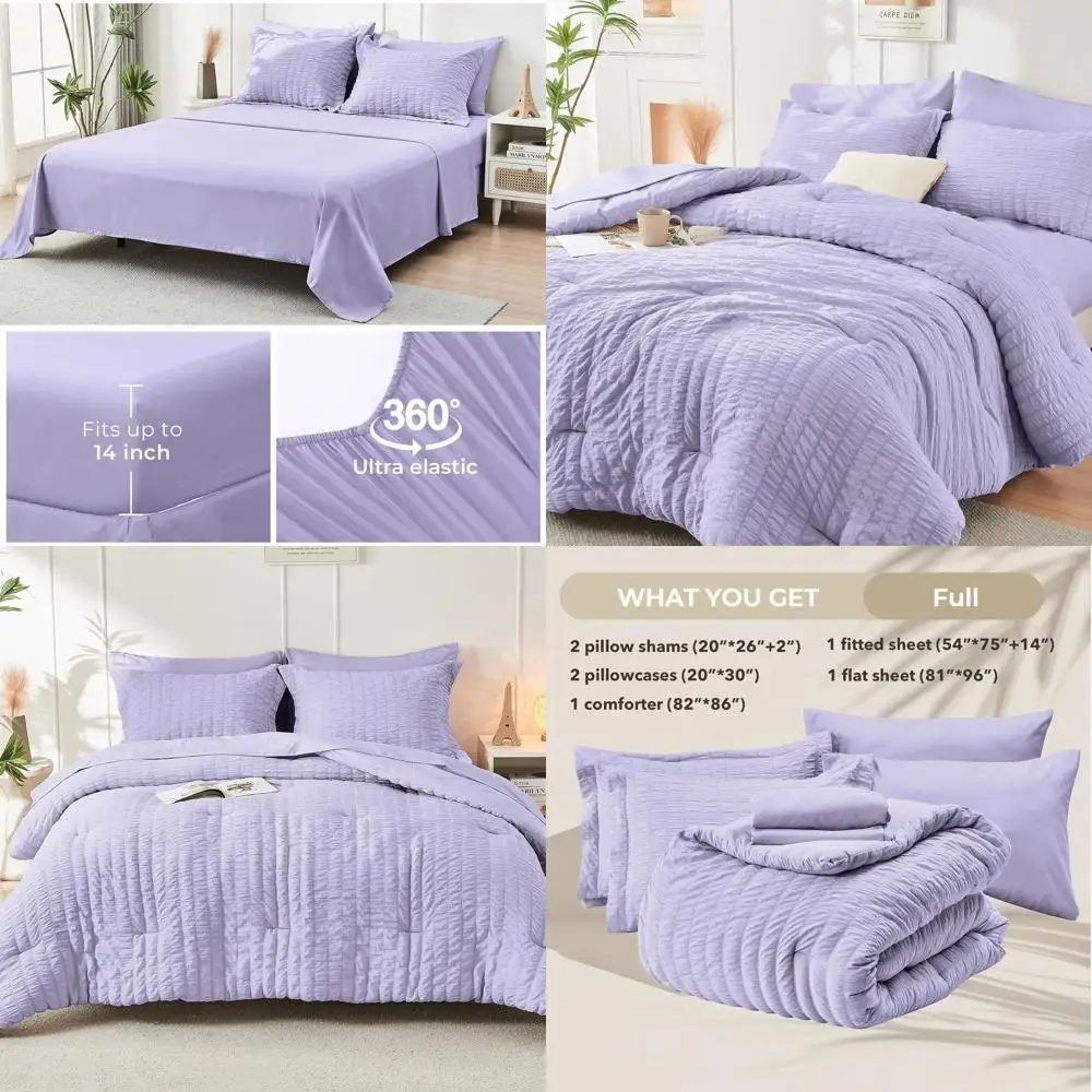 

7-компонентный полноразмерный комплект одеял из сирсакера светло-фиолетового цвета, всесезонное роскошное постельное белье с простынями, наволочками и шамс