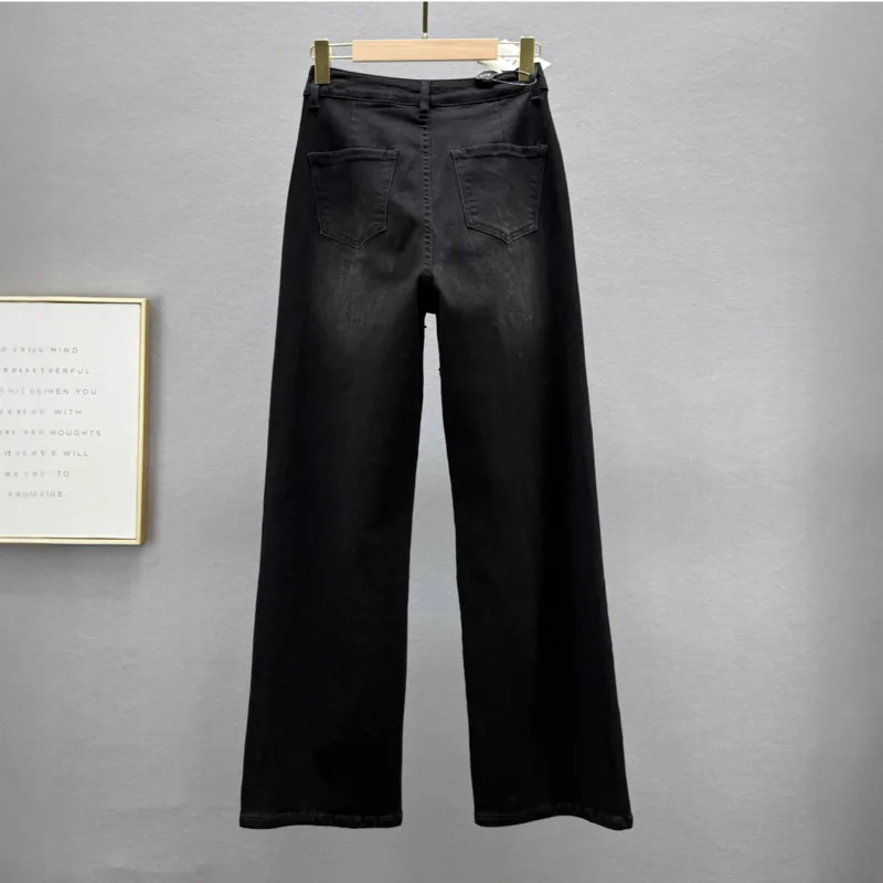 ANJY Autumn Winter New Women Fashion Tide Embroidered Beaded Straight Jeans Elegant Temperament Slimming Chic Denim Pants A15600