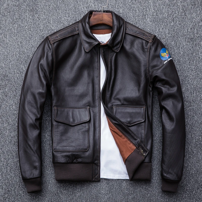 

Flying Suit Jacket A2 Coat Top Layer Cowhide Leather Jacket Mens Short Bomber Male Men's Genuine Leather Jacket Man