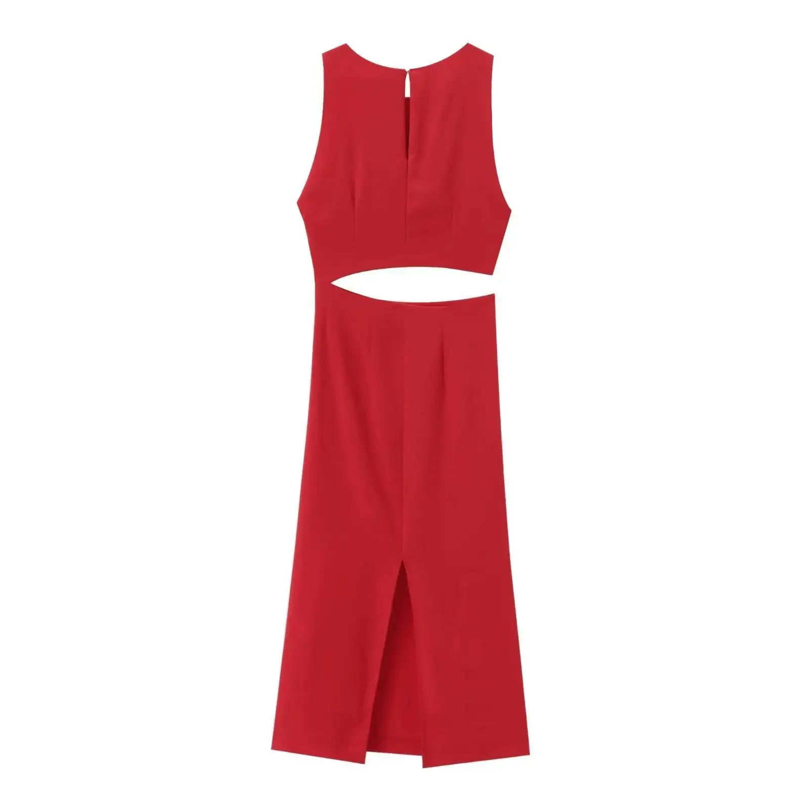 Summer Sleeveless Hollow Out Waist Ring Ruched Red Dress Women Midi Sleeveless Split Dresses