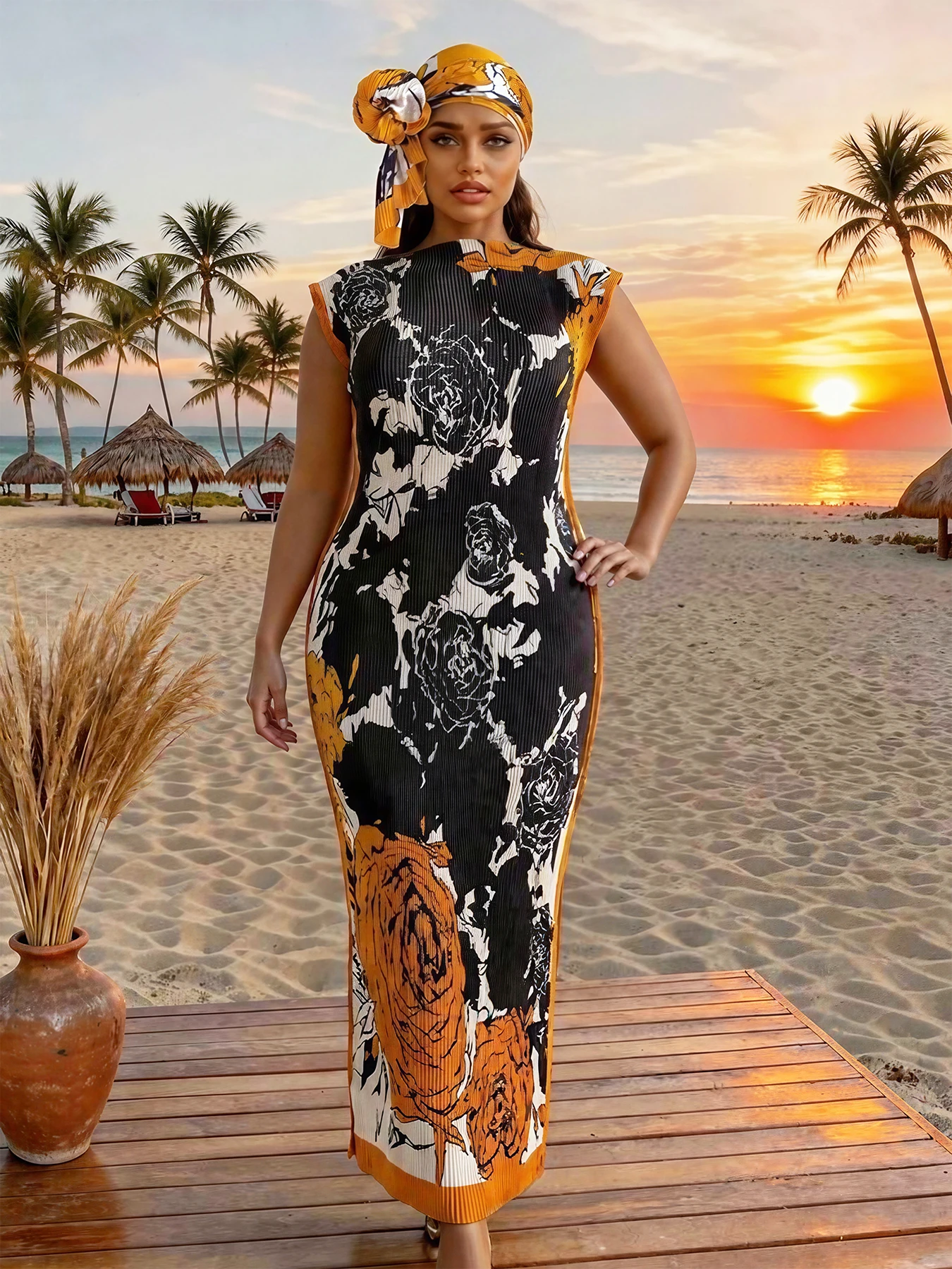 

Women Fashion Silk Bikini Cover up Shawl Beachwear Street Style Folded Design Long Sleeveless Dress for Travel And Casual Scraf