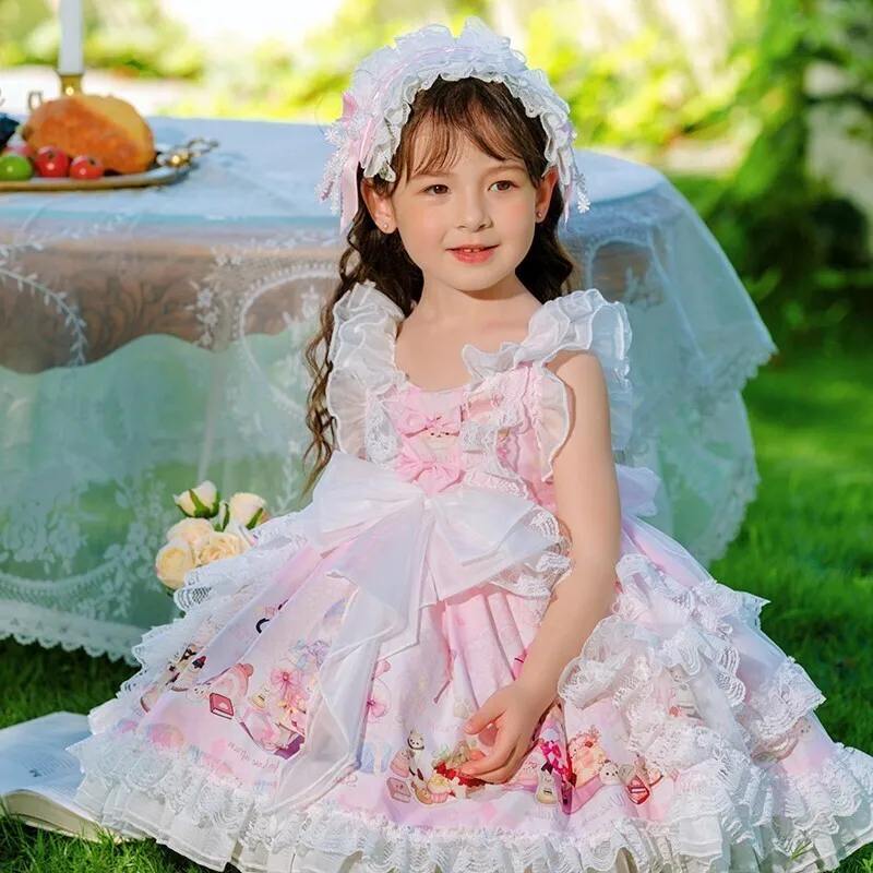 Birthday Party Lolita Sweet Lace Dress for Girls Kids 2024 Summer Pink Dress Princess Cartoon Cute Children Baby Girls Ball Gown