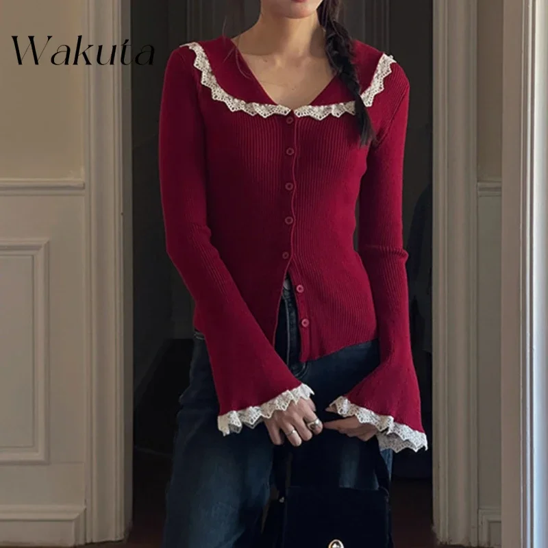 WAKUTA Fall Japanese Retro U-collar Long-sleeved Lace Edge Cardigan Casual Slim Single-breasted Versatile Y2k Knitwear 여성 반팔 니트