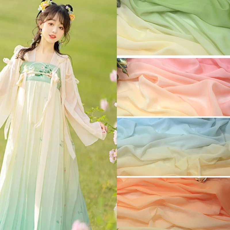 100*145Cm Rainbow Gradient Color Thin Chiffon Fabric 100D Organza Tulle Fabric Diy Ancient Style Hanfu Wedding Dress Stage Decor