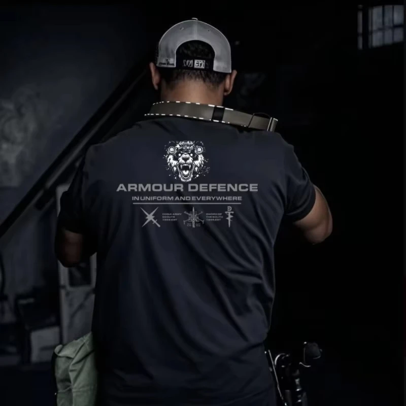 2026 New Summe  Military Panda Series Printed T-shirt Men Retro Shoulder Length Round Neck Short Sleeve Top