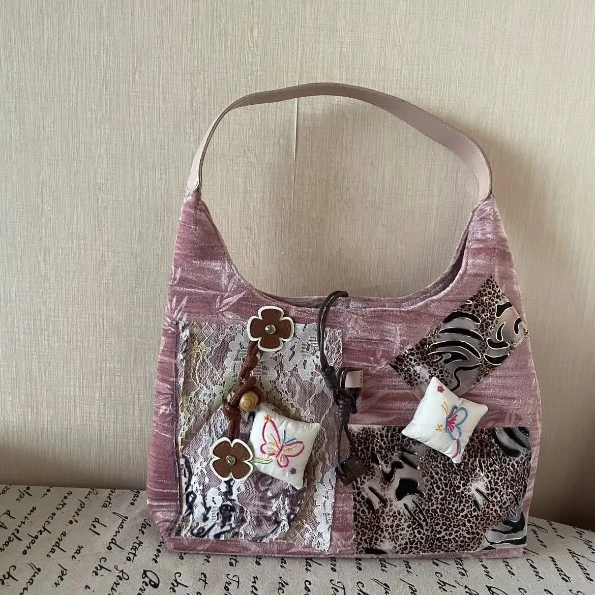 Bloom Haruku Pink Large Capacity Tote Bag Purse Women Retro Chinese Style Lace Shoulder Bags Ladies Vintage Y2k Handbag 2025