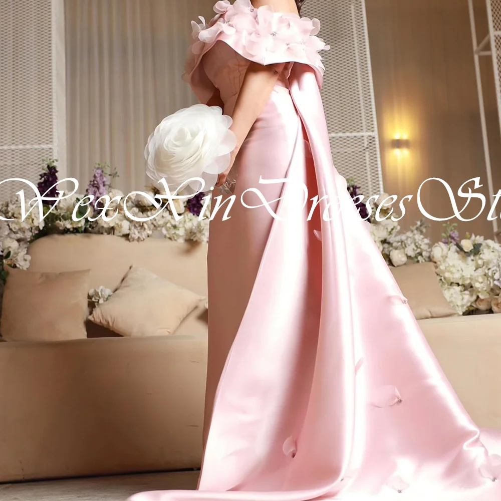 Elegant Luxury Evening Dress 2024 3D Flowers  Watteau Train A-Line Off The Shoulder Solid Pink Floor Length Zipper Back Party