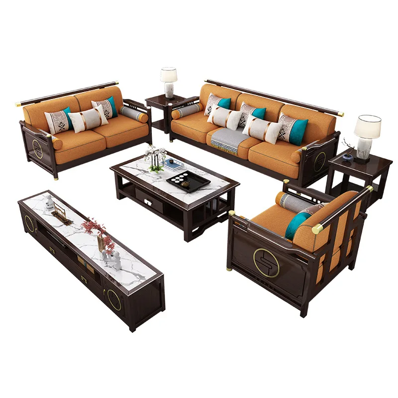 

New Chinese light luxury modern all-solid wood sofa combination, living room wood Gabu corner princess sofa