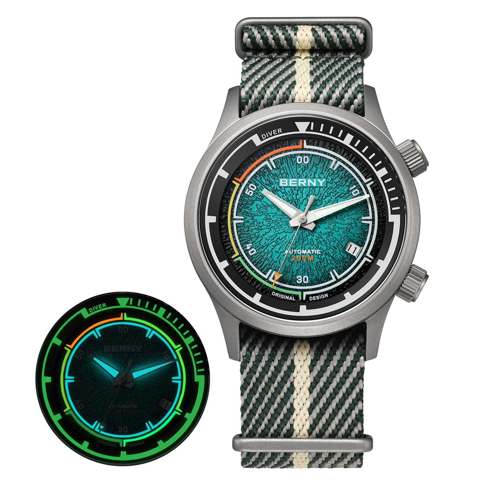 BERNY Herren-Taucheruhren, Titan, automatisch, mechanisch, superleuchtend, Herren-Taucheruhr, Saphirglas, 200 m wasserdicht, Sporttauchen