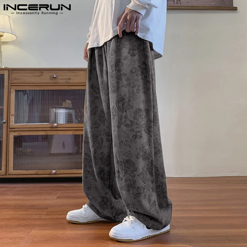 INCERUN 2024 Korean Style Trousers Fashion Men's Rose Print Design Long Pants Casual Streetwear Personality Male Pantalons S-5XL