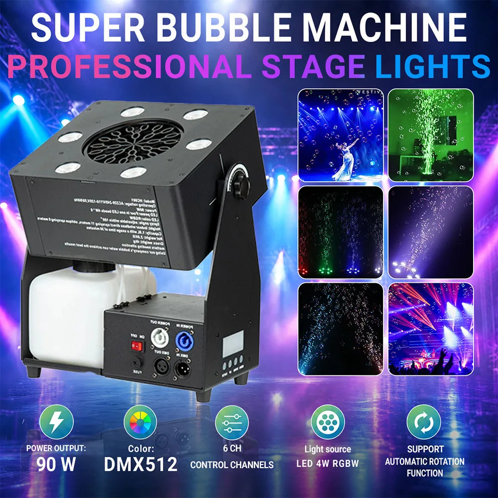 90W LED Bubble Machine RGBW Automatic DJ Equipment Remote DMX512 Stage Effect for Wedding Stage Party Festival