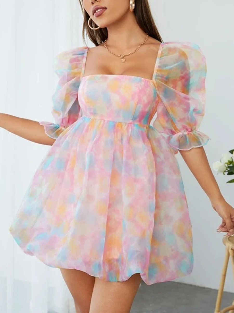 

2023 Women´s Summer Casual A-line Dress Grunge Fairycore Short Puff Sleeve Square Neck Colorful Pattern Print Princess Dress