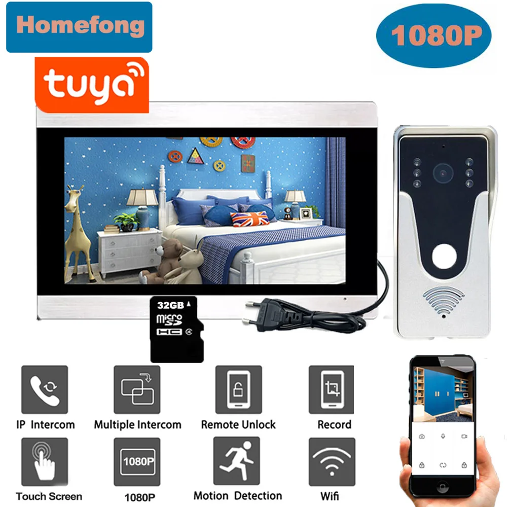 Homefong 1080P Tuya อินเตอร์คอมไร้สาย Wi-Fi โทรศัพท์ติดประตูวิดีโอหน้าจอสัมผัสขนาด7นิ้วกริ่งประตูแหล่งจ่ายไฟในตัว