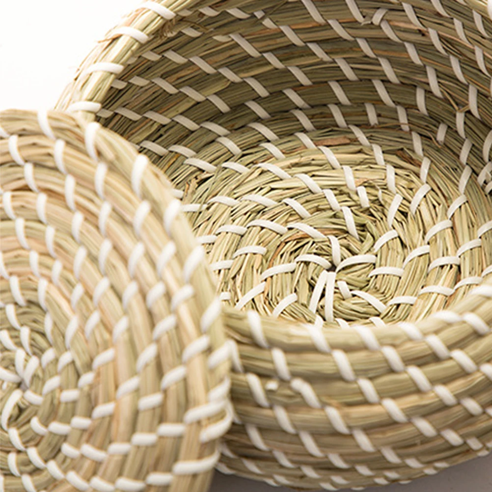 

Natural Woven Storage Basket Bin Organizer Container With Lid Home Office Decorative Straw Sundries Makeup Basket For Kids Safe