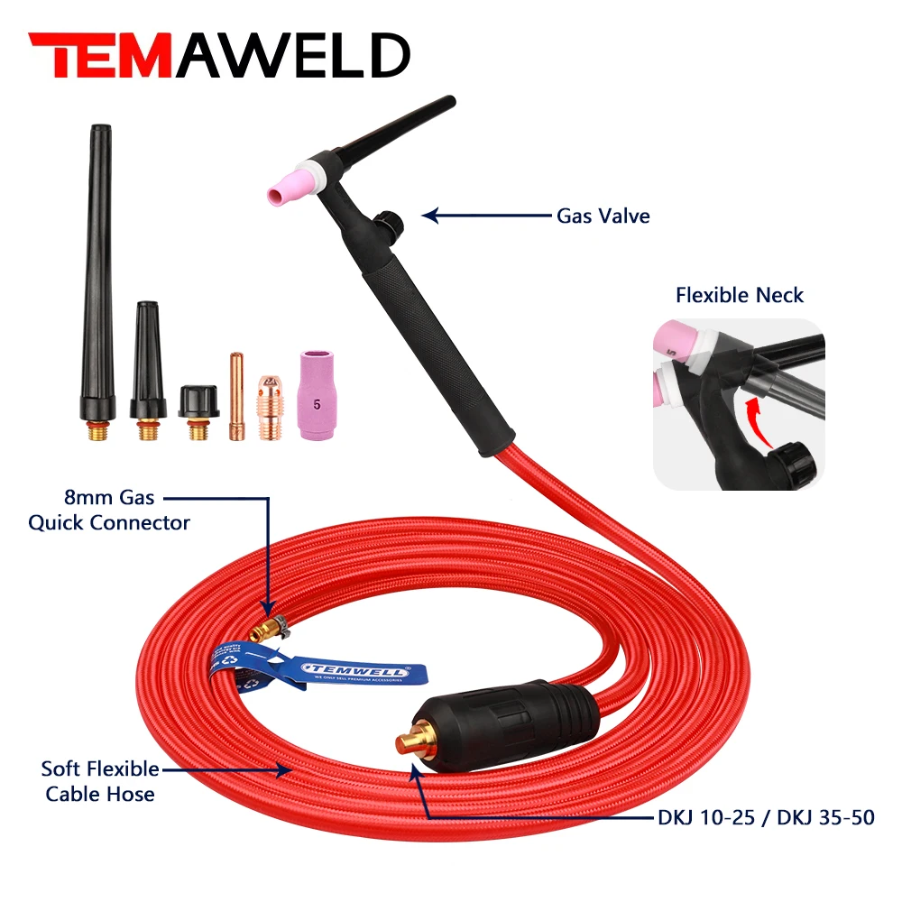 Professional  WP17 WP17FV Welder Gun TIG Welding Torch 150A 3m Soft Hose Flexible Gas Valve Quick Connector DKJ10-25 35-50