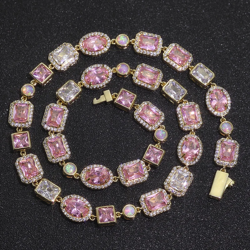 

Hip Hop Purple CZ Stone Bling Iced Out 10mm Square Round Tennis Link Chain Choker Necklaces for Men Women Unisex Rapper Jewelry