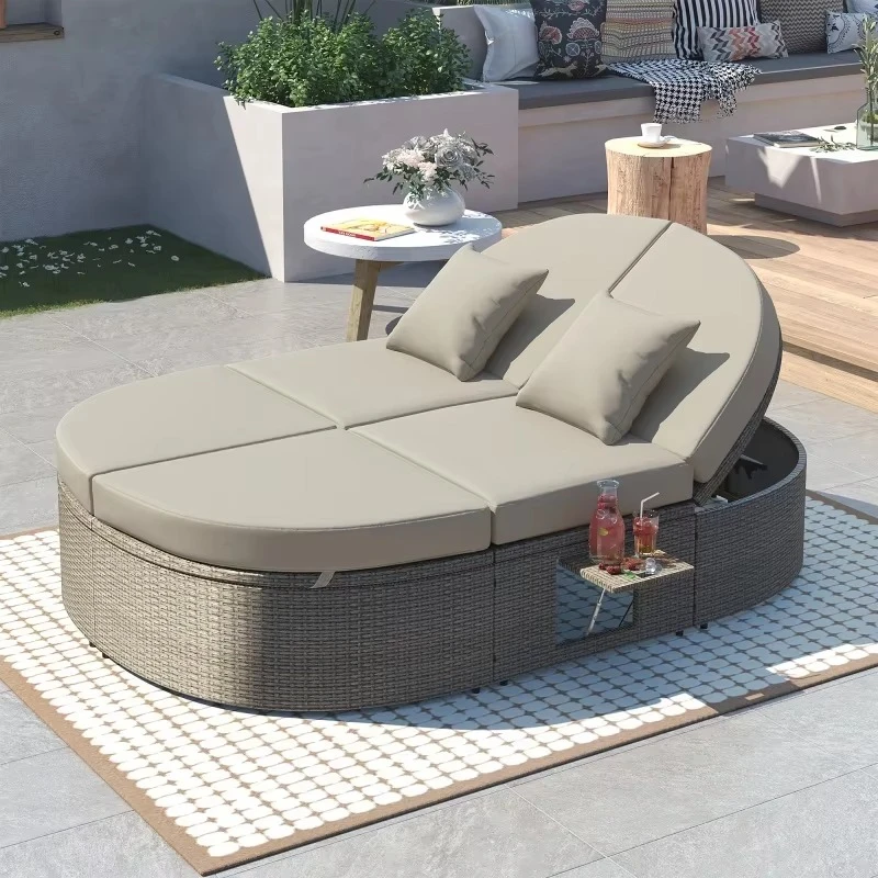High-quality rattan waterproof fabric sun chair with collapsible cup holder, garden lounge chair, outdoor lounge chair