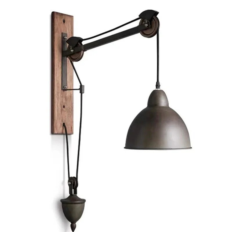 

Retro Industrial Iron Wall Lamp Creative Rope Wood Sconce Hotel Bar Store Loft Living Bedroom Nostalgic Long Arm Metal Lighting