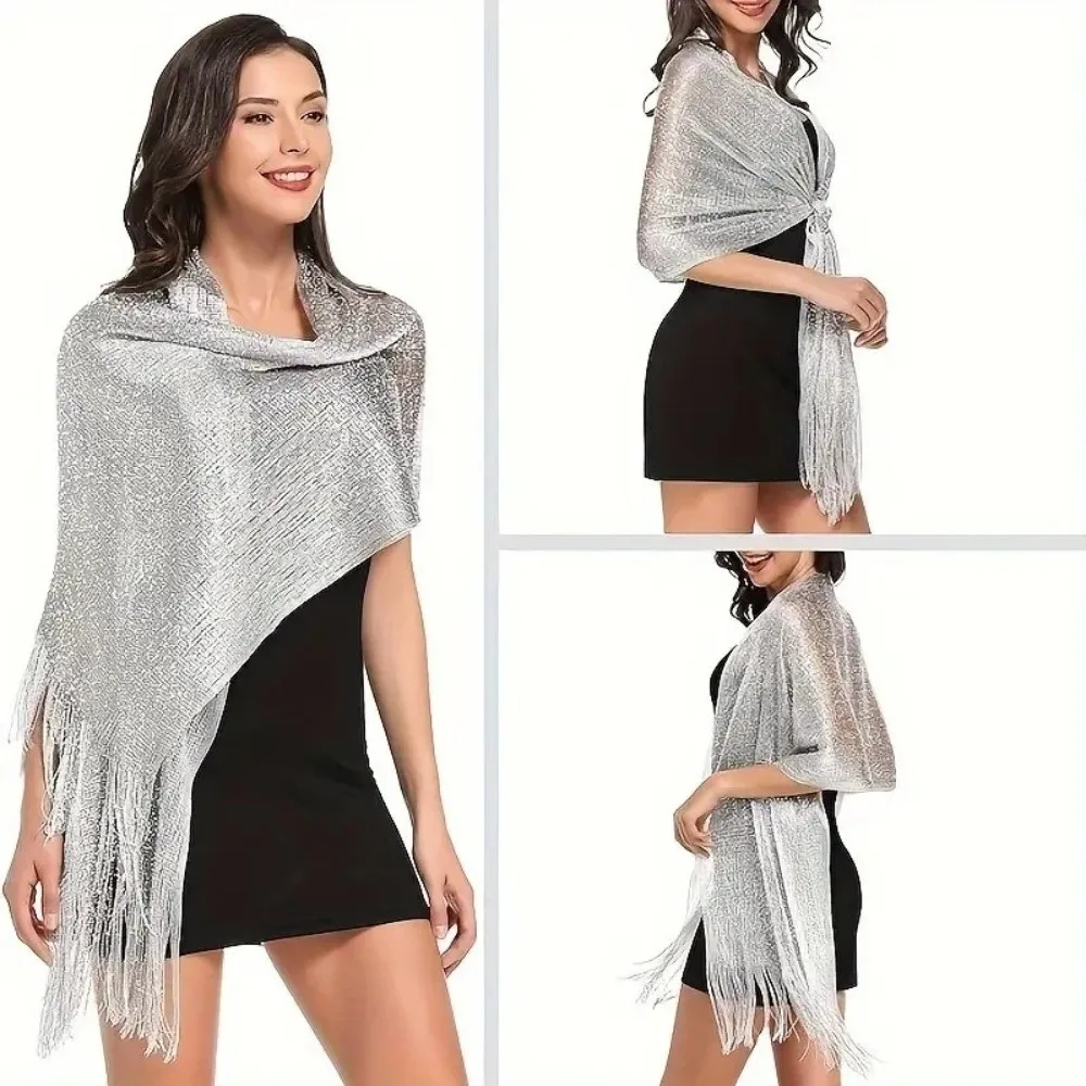 Elegant Shiny Metallic Scarf Long Gold Silver Thread​ Party Evening Dress Scarf with Tassel Bridal Wedding Wrap