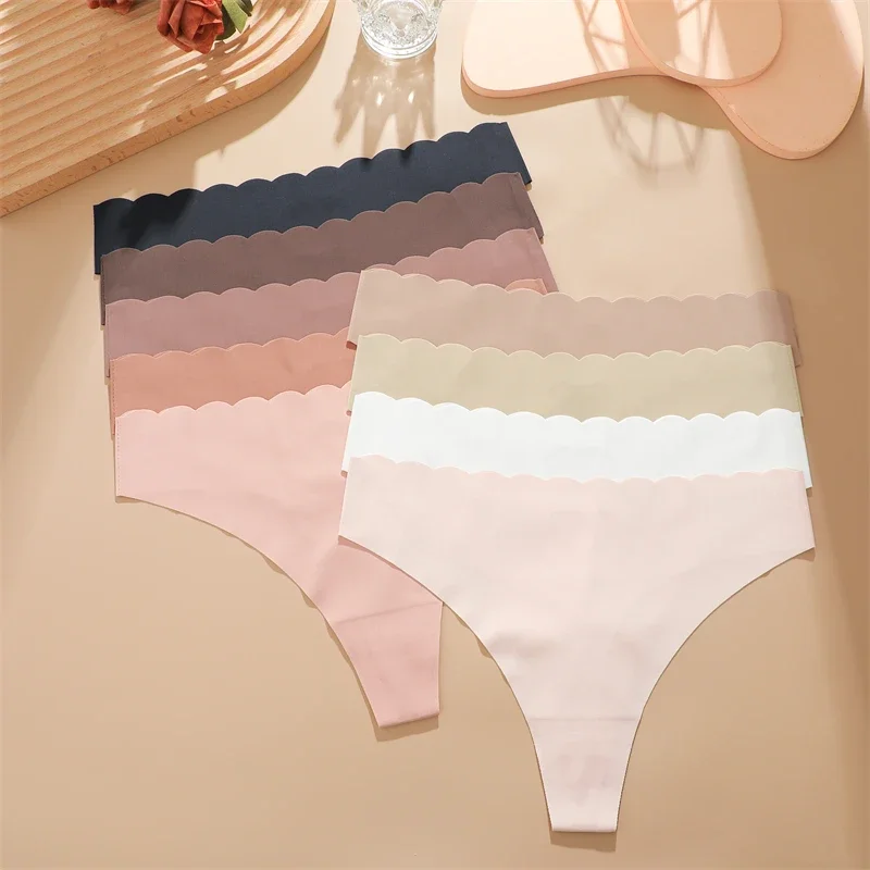 6 peças de calcinha feminina sem costura de seda gelada, cintura com babados, tangas vazadas, lingerie macia respirável