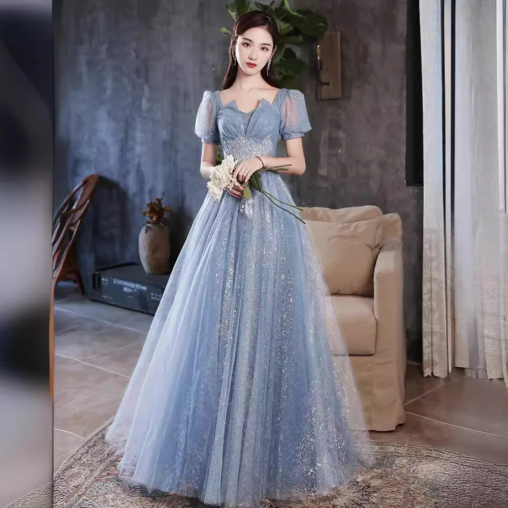 

2024 summer new blue fairy dream dignified banquet host annual art test winter evening dress dress