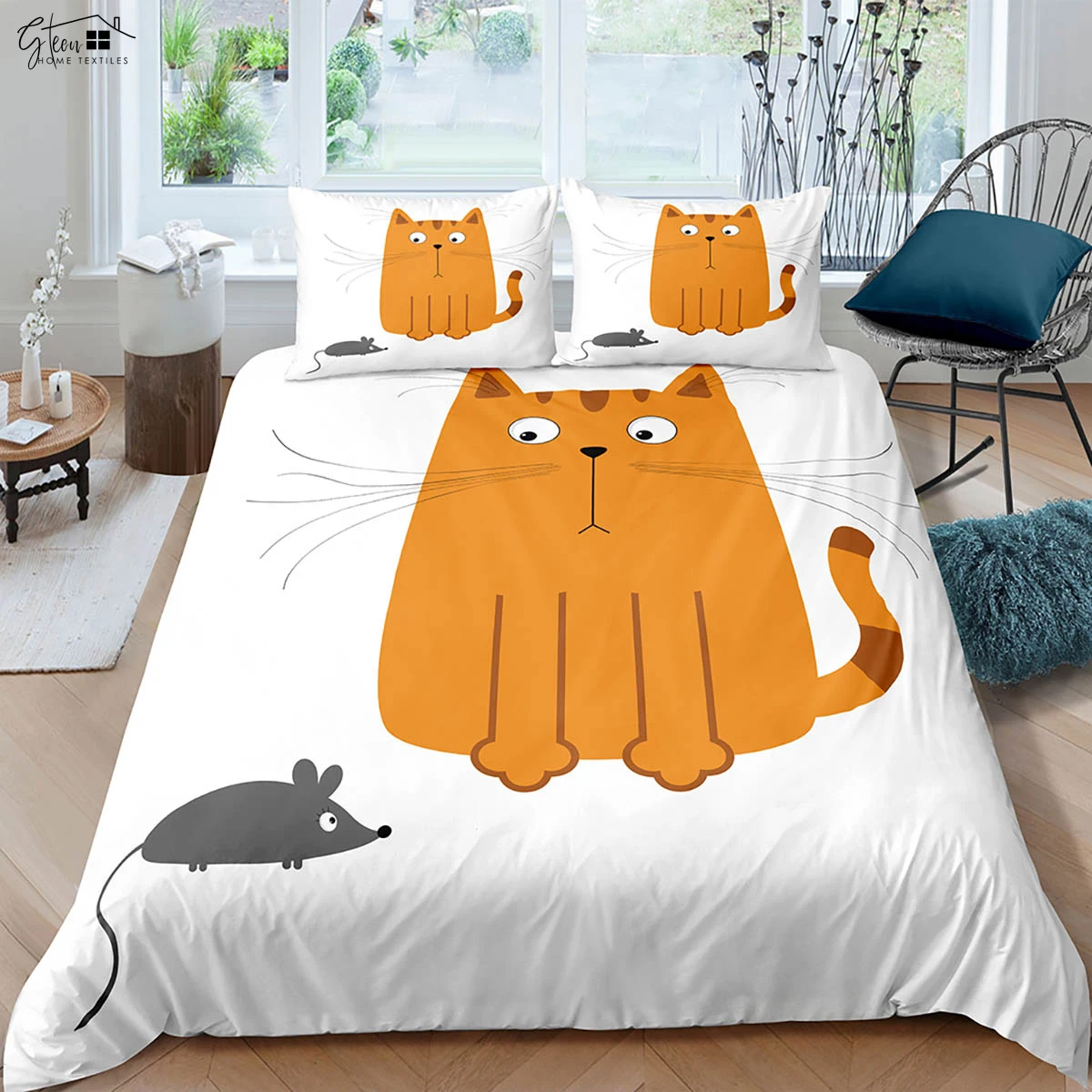 Cat In Space Cartoon Print Duvet Cover 100% Polyester Bedding Set Quilt Cover Pillowcase Three Piece Set