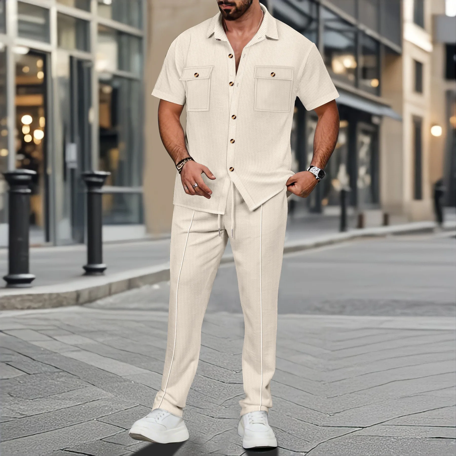 

Men's Summer New Pure Color Button ket irt ort Sve Long Pants Two-Piece Set Faionable Casual Wear Cotton Blend