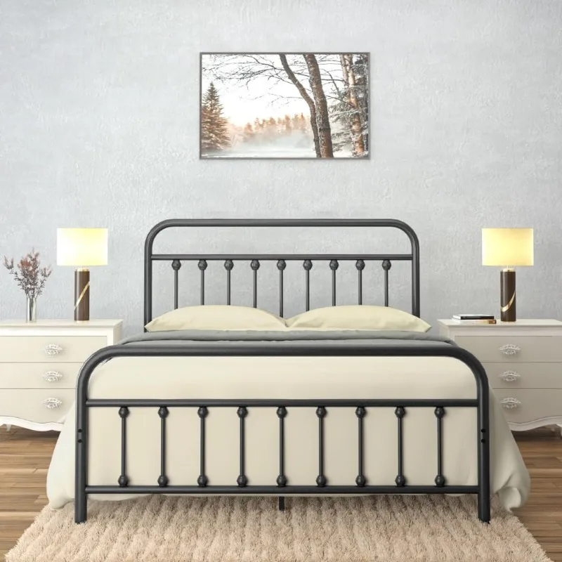 Vintage Wrought Iron Bed Frame with Classic Metal Platform Base, Headboard and Footboard, No Box Spring Needed,