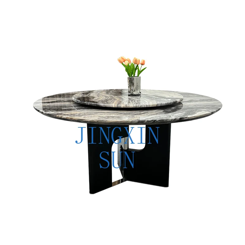 Imported Venice brown light luxury simple modern high-end natural marble dining table round household rotating table and chairs