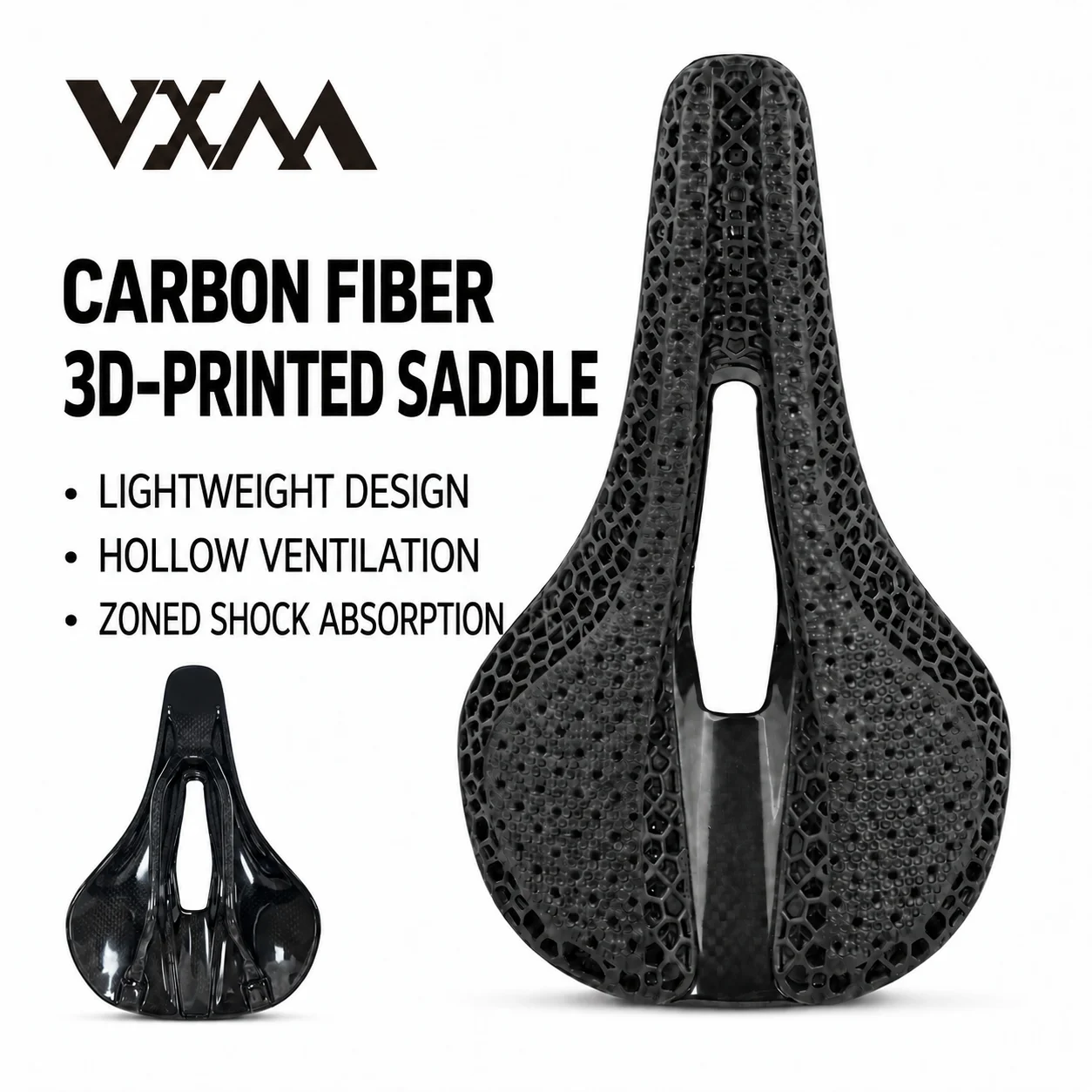 VXM Carbon Fiber 3D Printed Bike Saddle Lightweight Breathable Hollow Shock Absorption Bicycle Seat for Road MTB